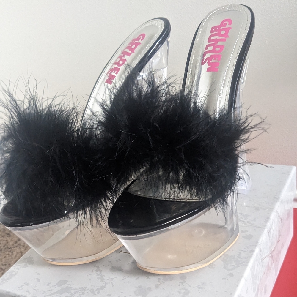 Black Feather Slide Mules with Clear Platform - Picture 2 of 3